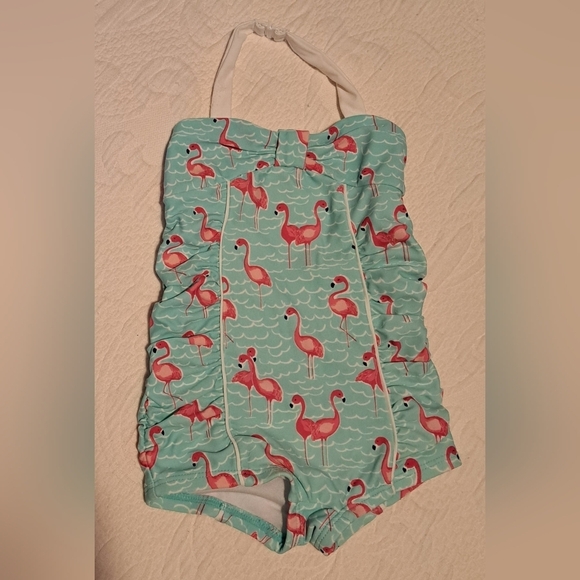 Janie and Jack girls size 12-18 1 piece flamingo ruched swim suit - Picture 1 of 7